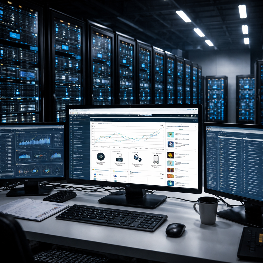 A realistic data center with servers processing Amazon catalog data, alt: Enterprise Amazon ranking service data process