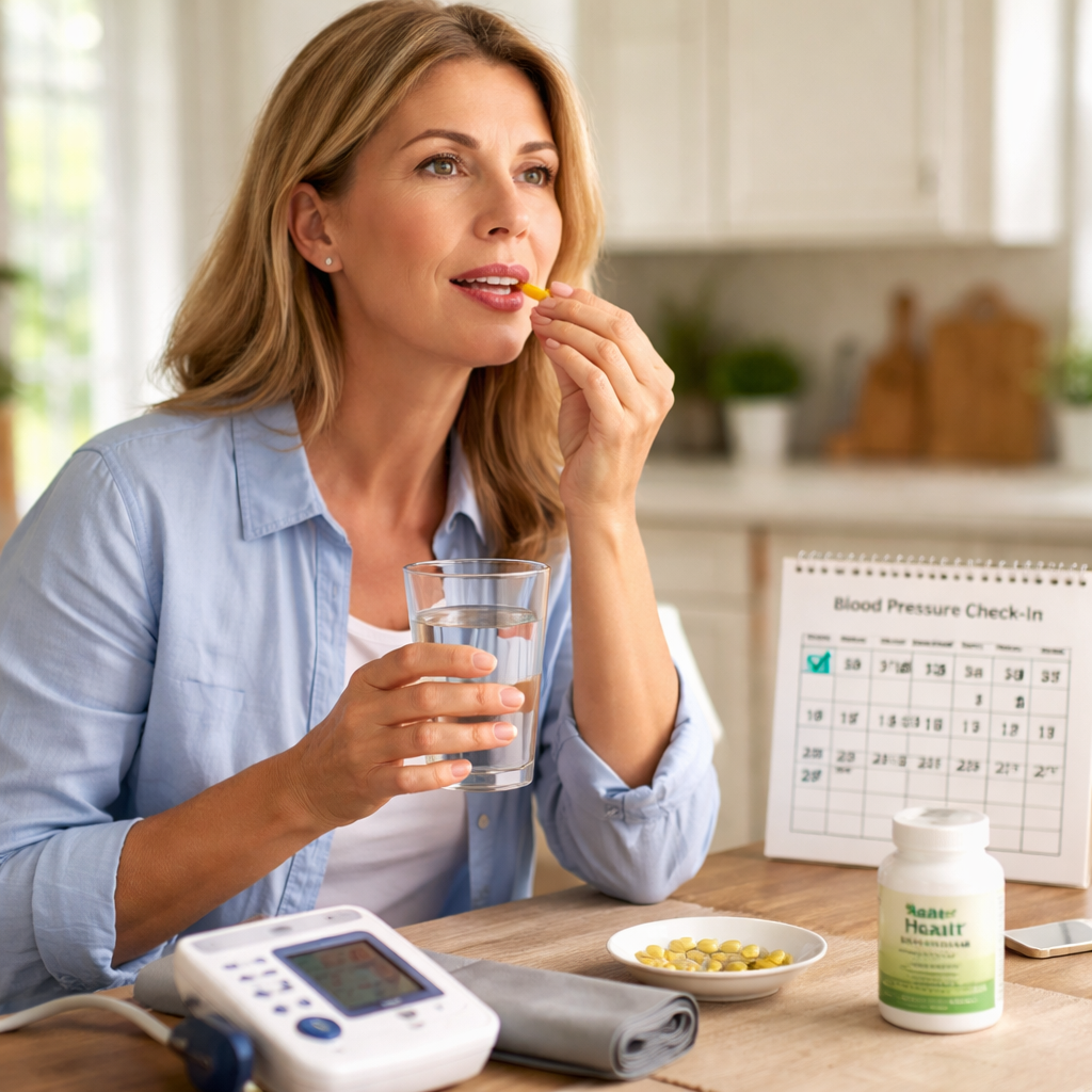 woman using natural supplement for blood pressure as part of daily routine