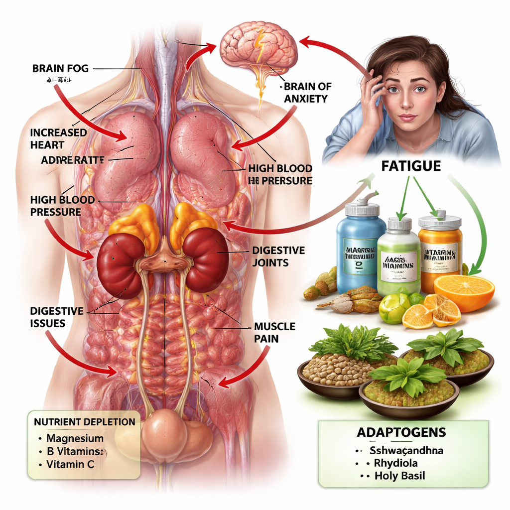 Adrenal glands anatomy showing stress response and natural supplement support pathways for fatigue recovery.