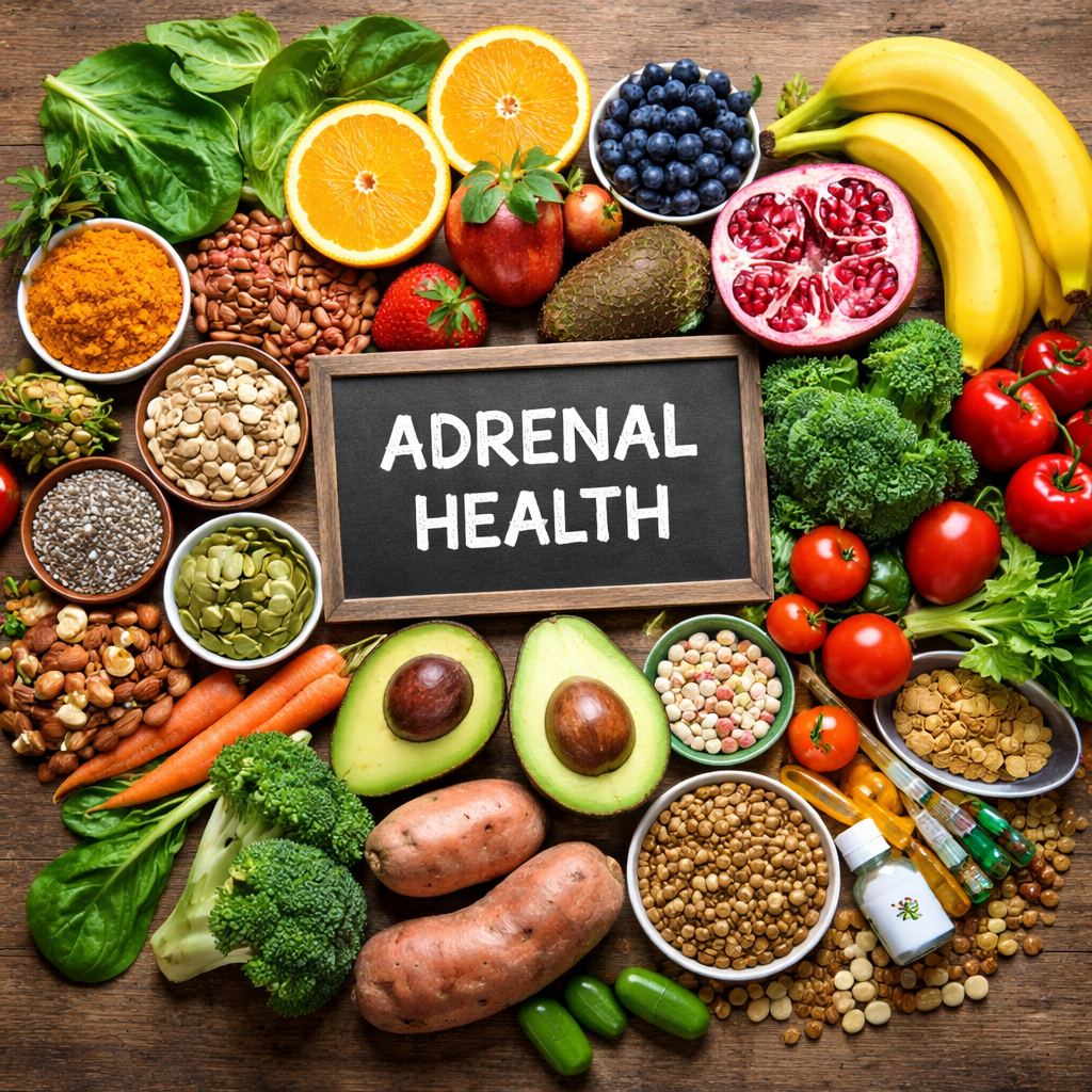 Natural food sources of vitamins and minerals essential for adrenal fatigue recovery and supplement support.