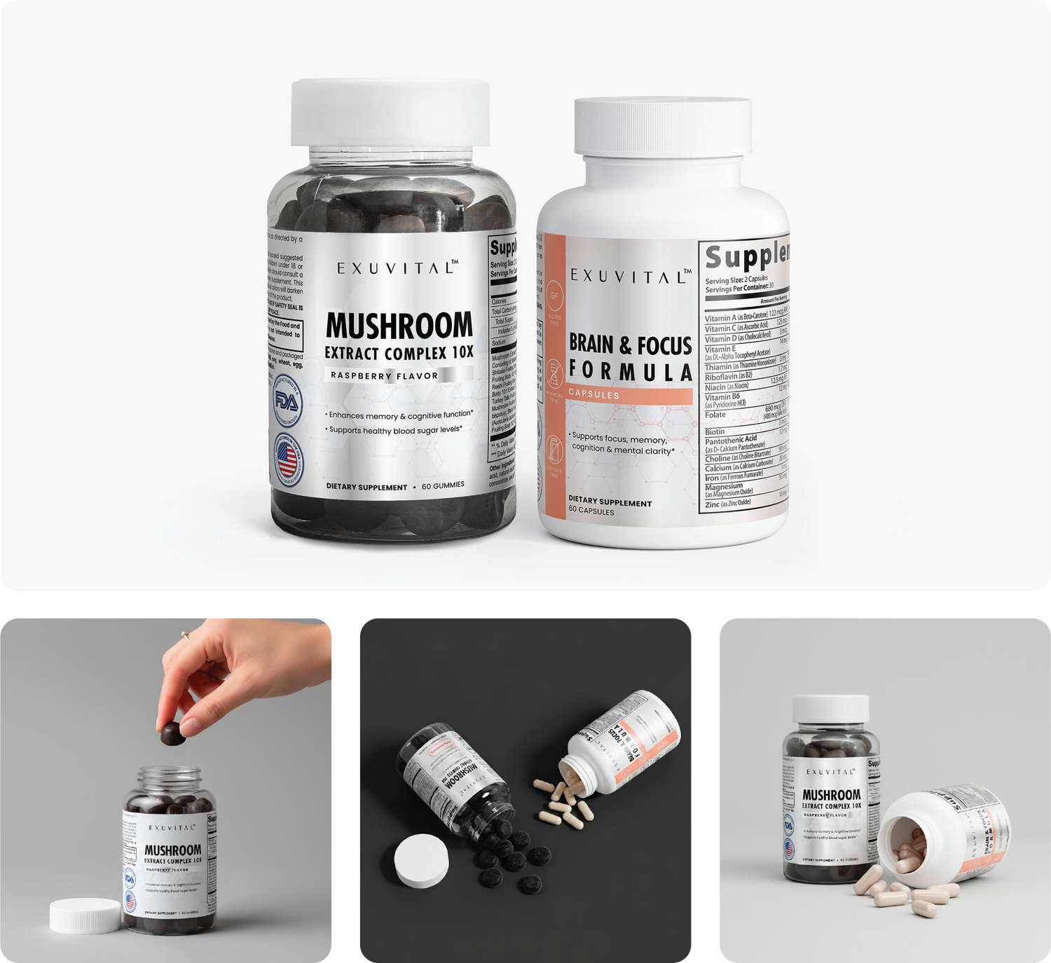 A photorealistic close‑up of natural supplement ingredients like NMN crystals, omega‑3 oil droplets, and spermidine powd