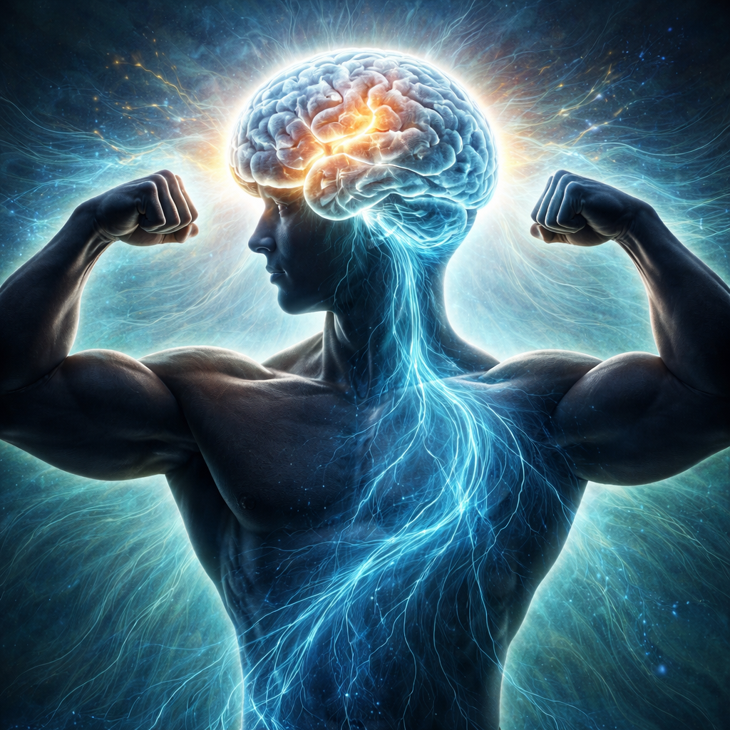 A realistic illustration of a brain with calming waves overlaying a muscular silhouette, Realism style, alt: mental conf