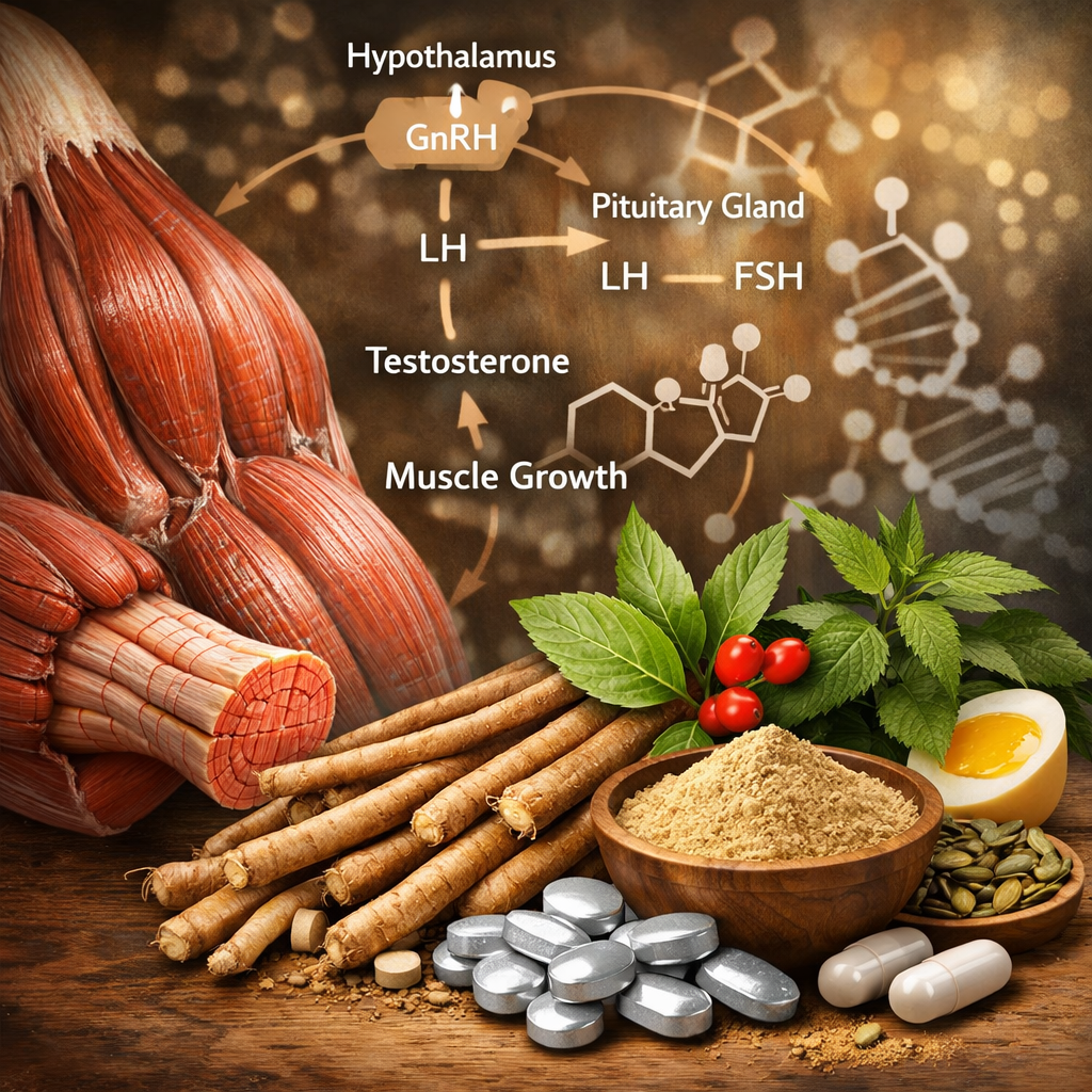 A photorealistic illustration of muscle fibers and hormonal pathways overlaid with natural herbs like ashwagandha and zi