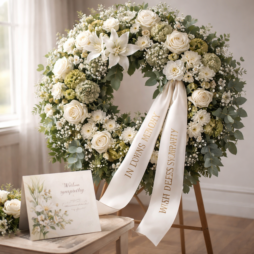 personalized funeral wreath with note.