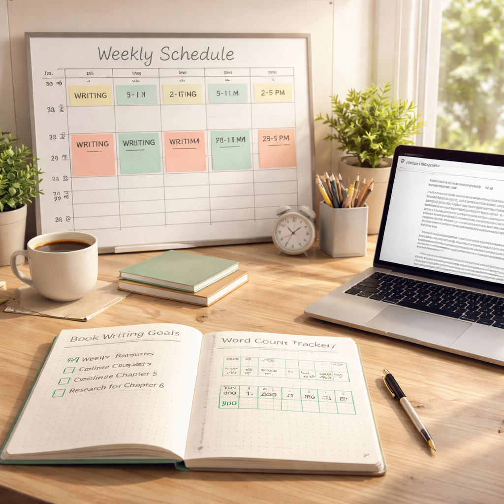 Flexible writing schedule setup showing time blocking and goal tracking system for realistic nonfiction book writing goals.