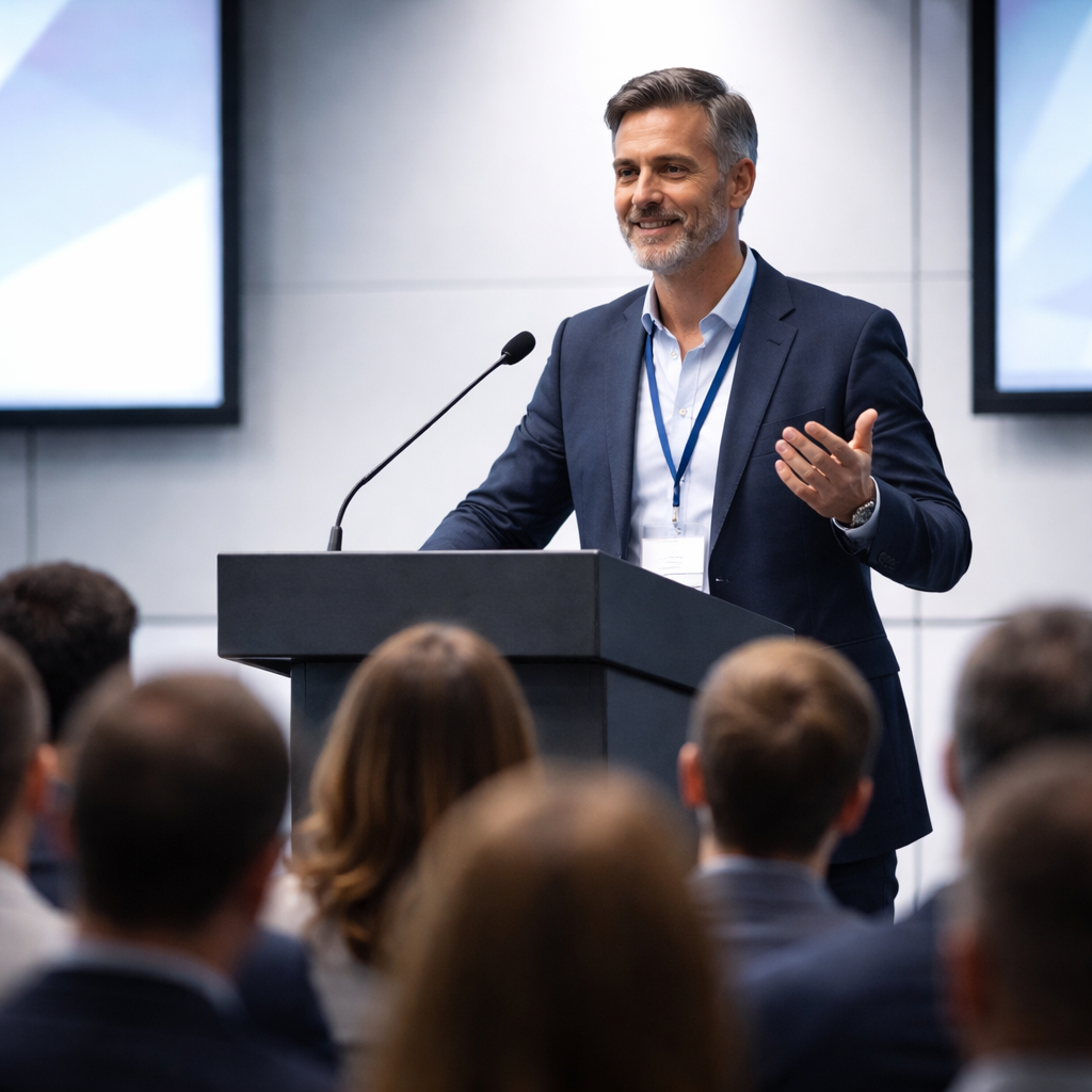 nonfiction author delivering keynote speech at professional conference