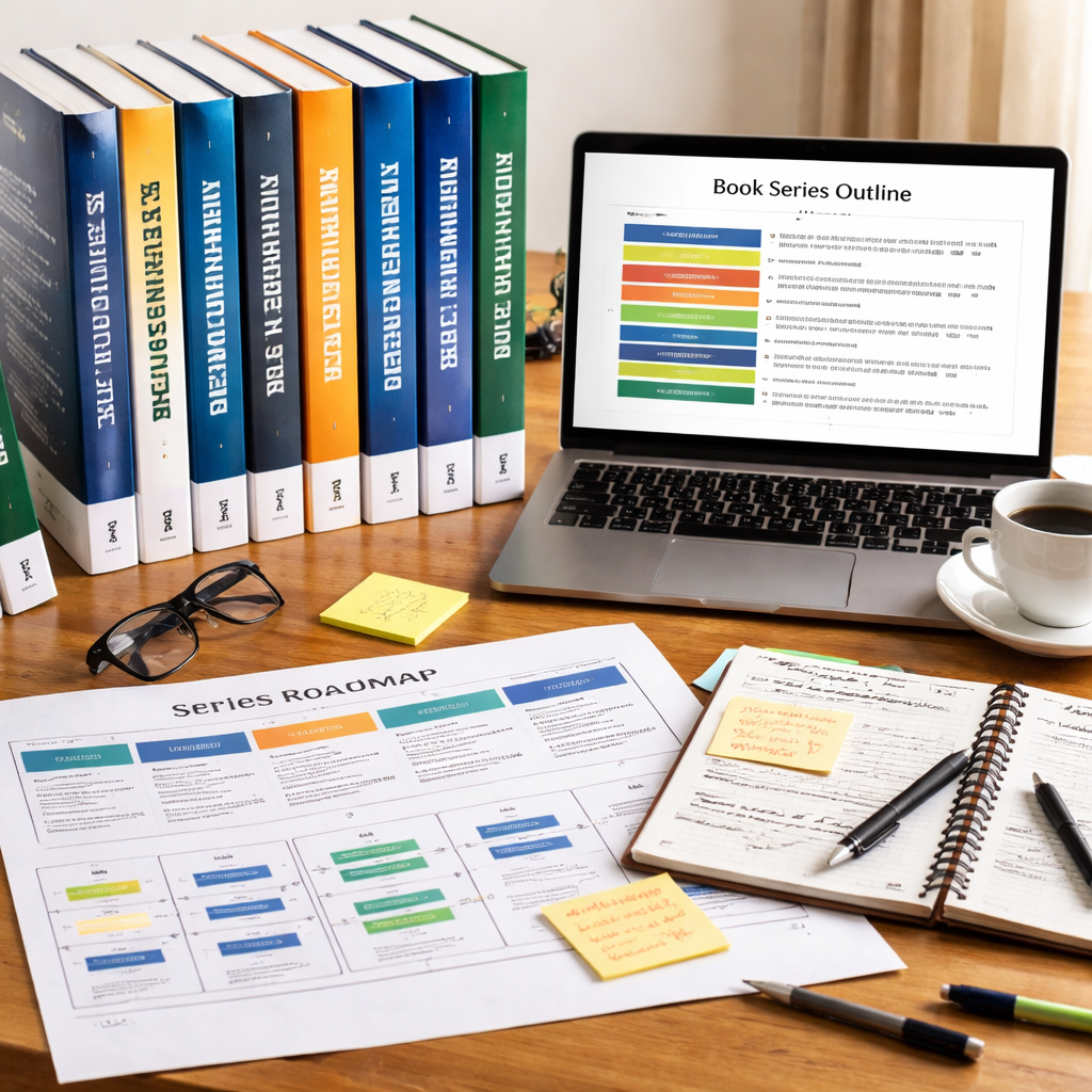 Nonfiction book series planning workspace showing consistent branding and roadmap development