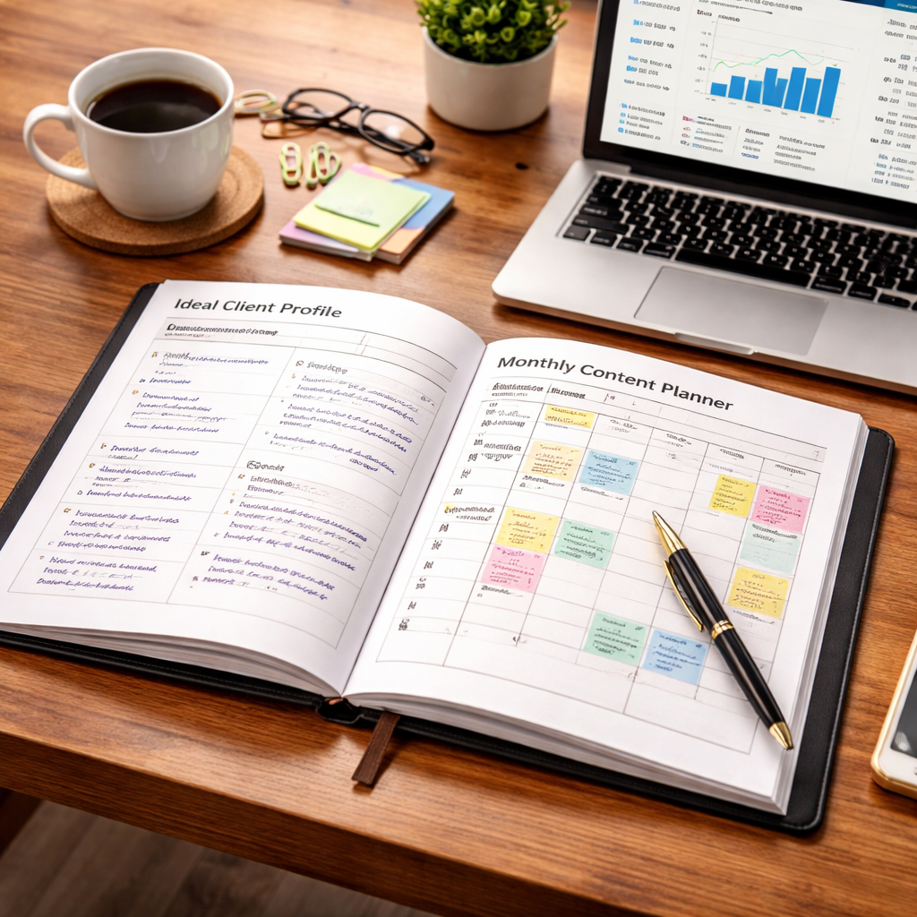 workbook on desk ready for marketing and sales.