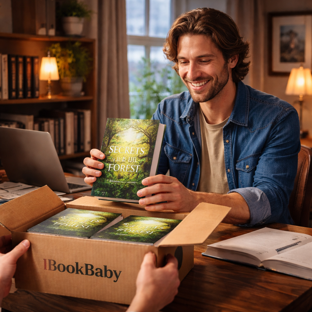 author receiving printed book from BookBaby service