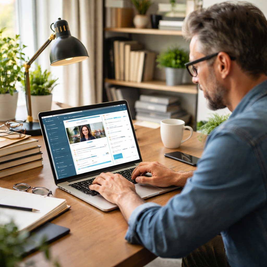 A realistic scene of an author in a home office, laptop open to a webinar dashboard, bright natural light, modern desk, 
