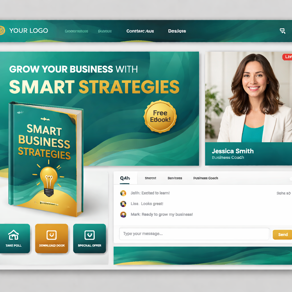A realistic illustration of a sleek webinar interface with custom branding colors and book cover displayed, keyword: cus