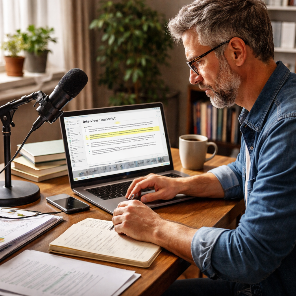 author using transcription software to turn interviews into book content