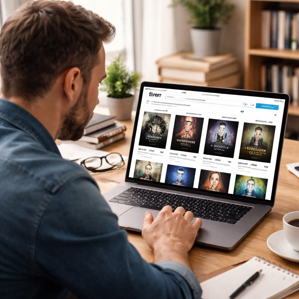 author reviewing Fiverr book cover design options