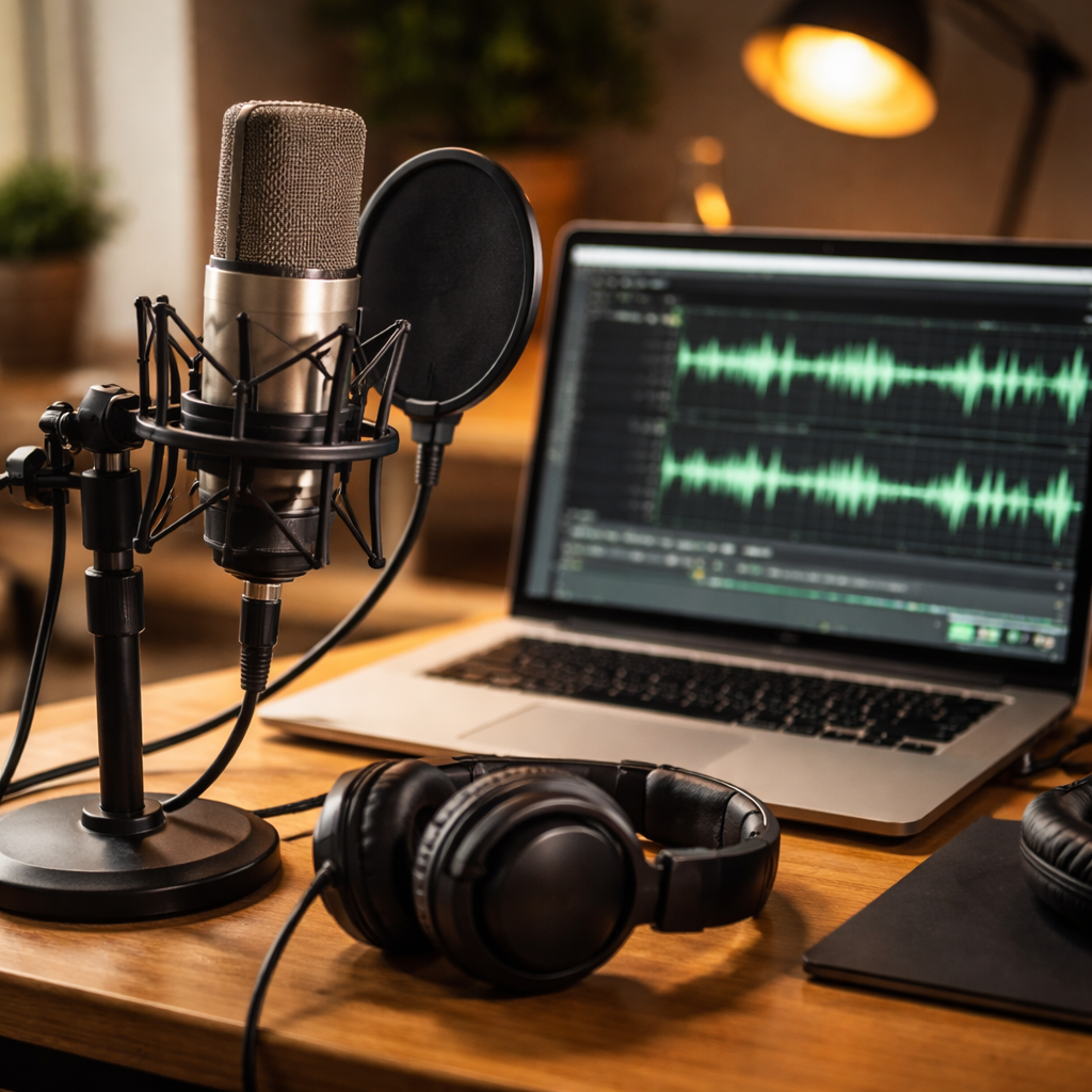 nonfiction author recording audiobook in a home studio