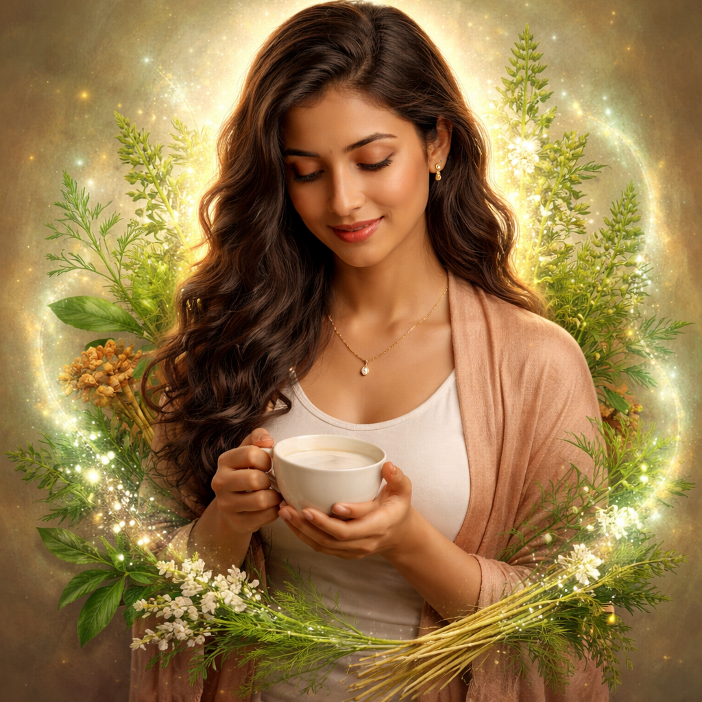 Realistic illustration of a woman holding a cup of milk while a subtle aura of herbs glows around her, alt: shatavari la