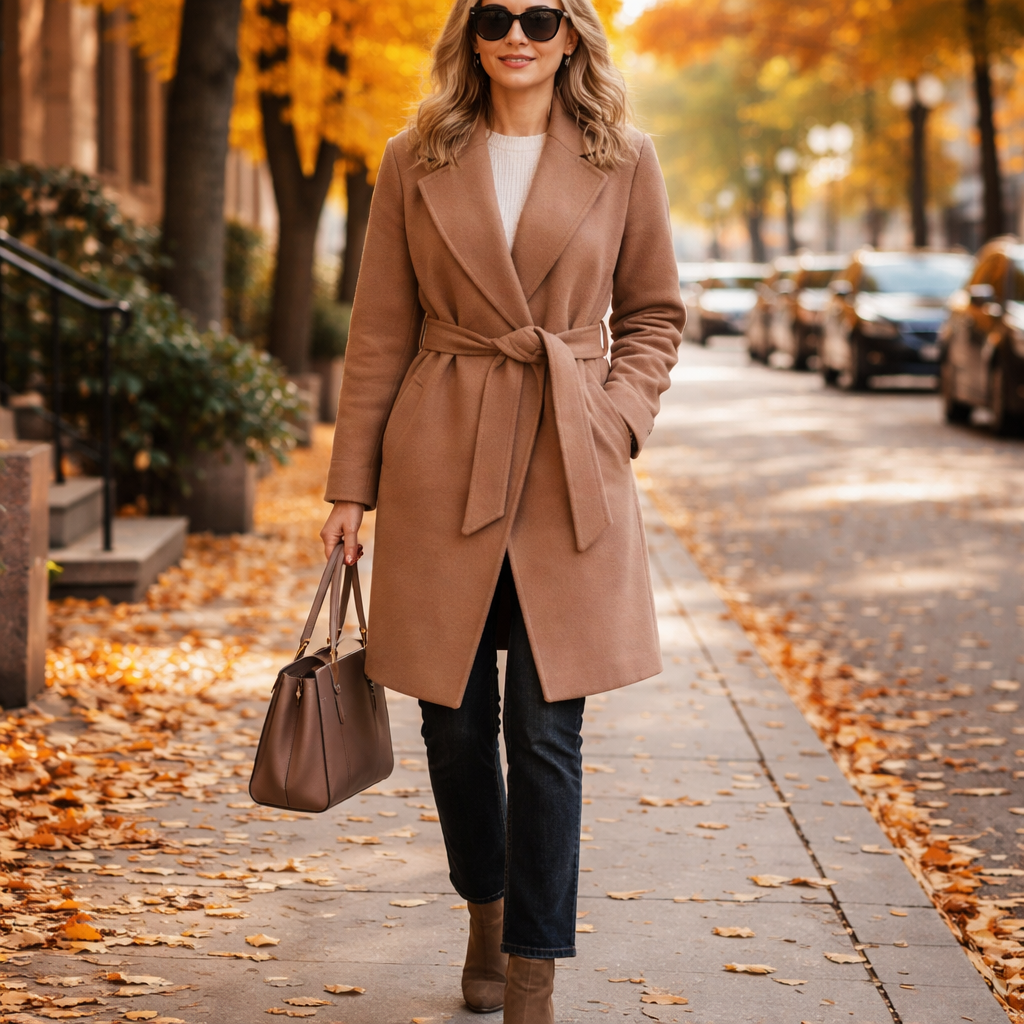 fall wrap coat with jeans and boots