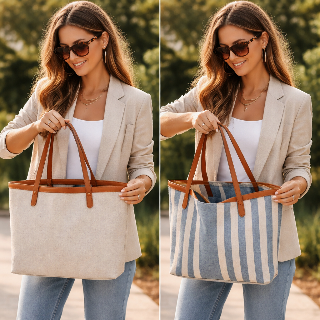 A realistic scene of a stylish woman flipping a reversible tote bag outdoors, showcasing both sides of the bag, soft nat