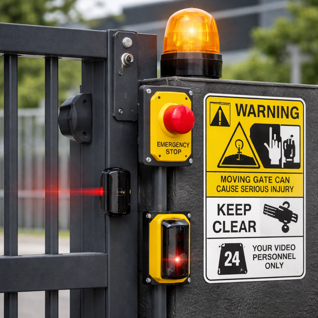 Gate automation safety features including photo-eye sensors and warning systems for compliance pricing
