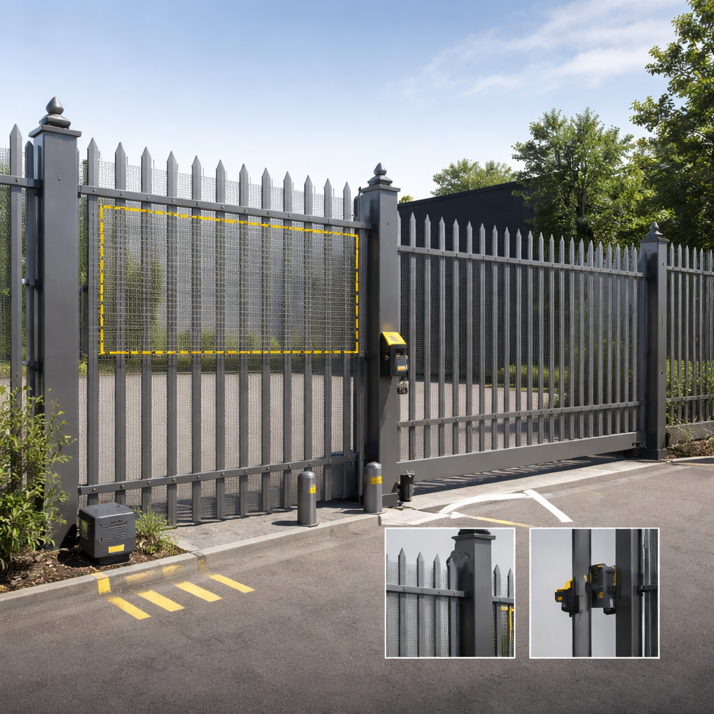 palisade fence with security add-ons and gate details