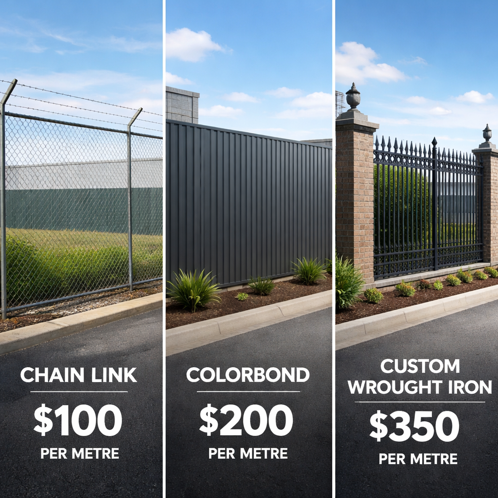 comparison of security fence cost per metre for low, mid, and high-end options.