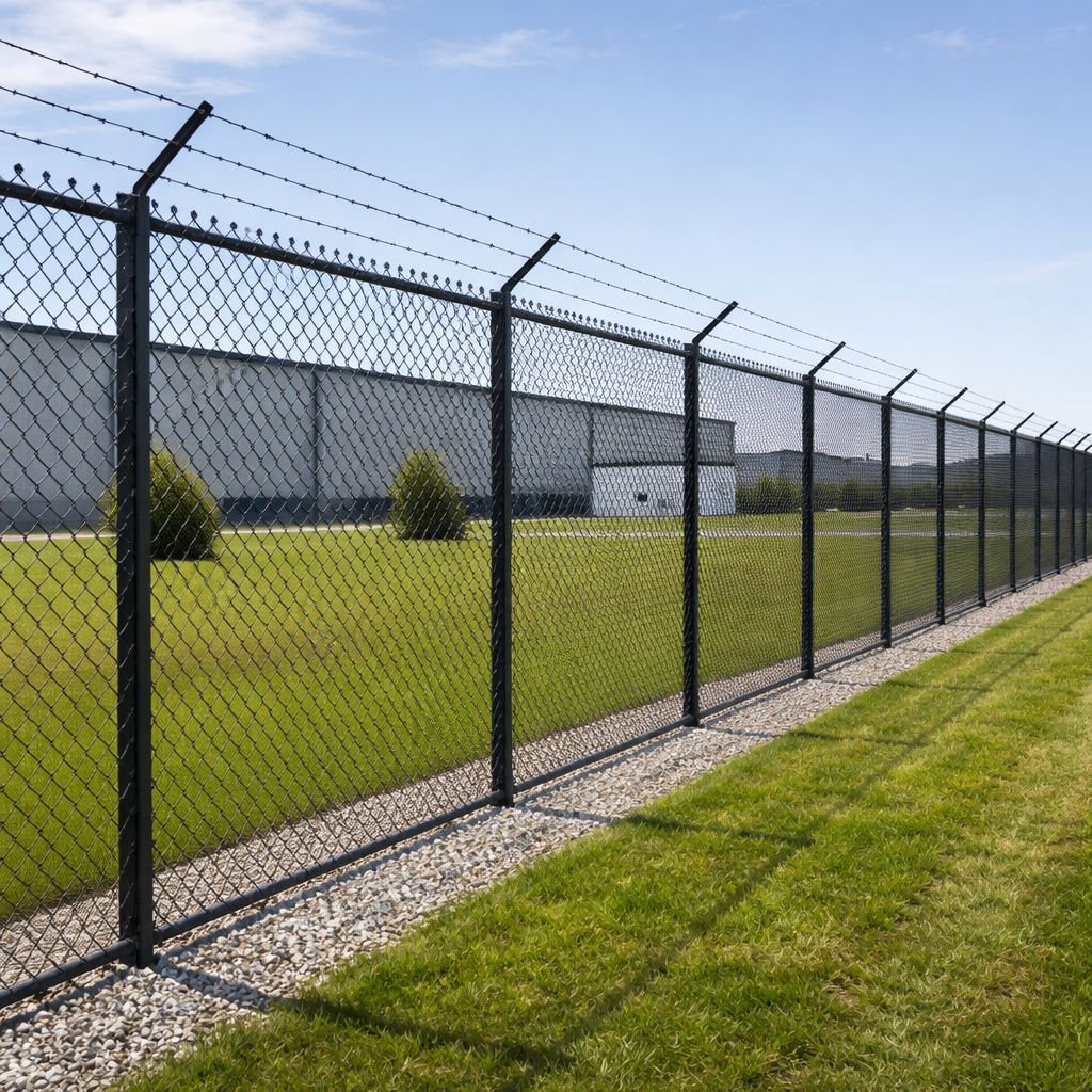chain link high security fence in a commercial perimeter