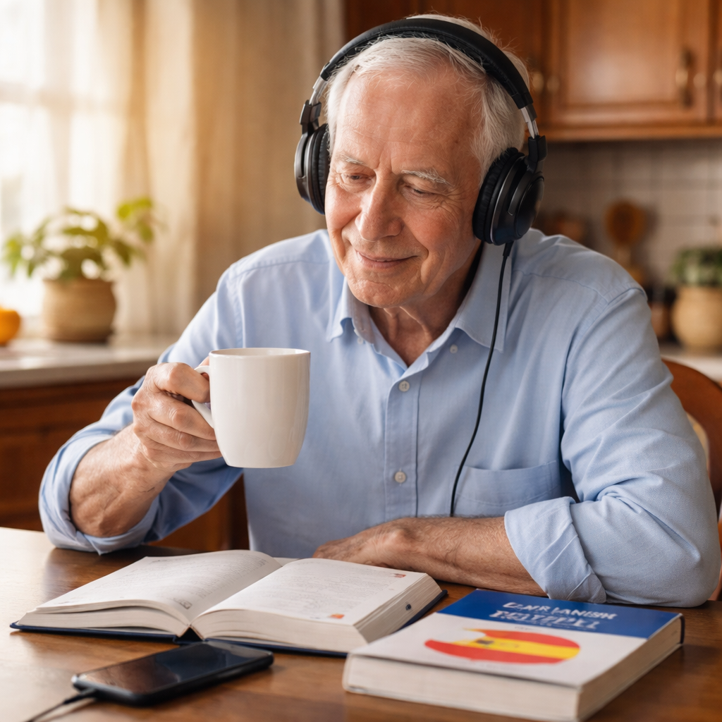 senior learning Spanish with coffee and headphones