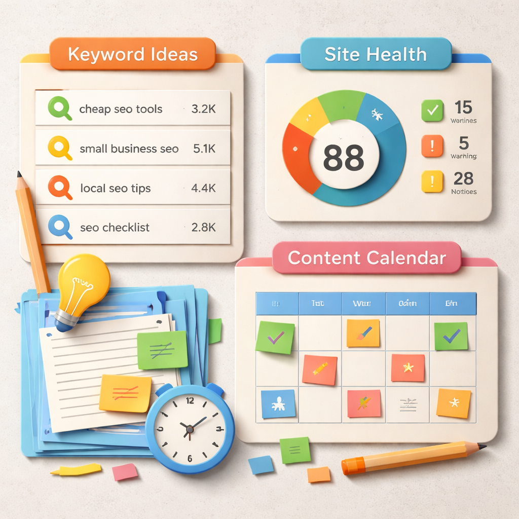 affordable seo tools dashboard with keyword research, site audit, and content calendar.