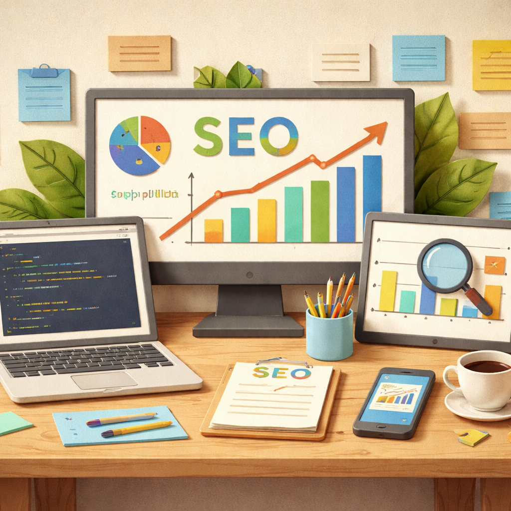 A papercraft style illustration of a tidy digital workspace with screens showing SEO graphs and a simple code snippet, a