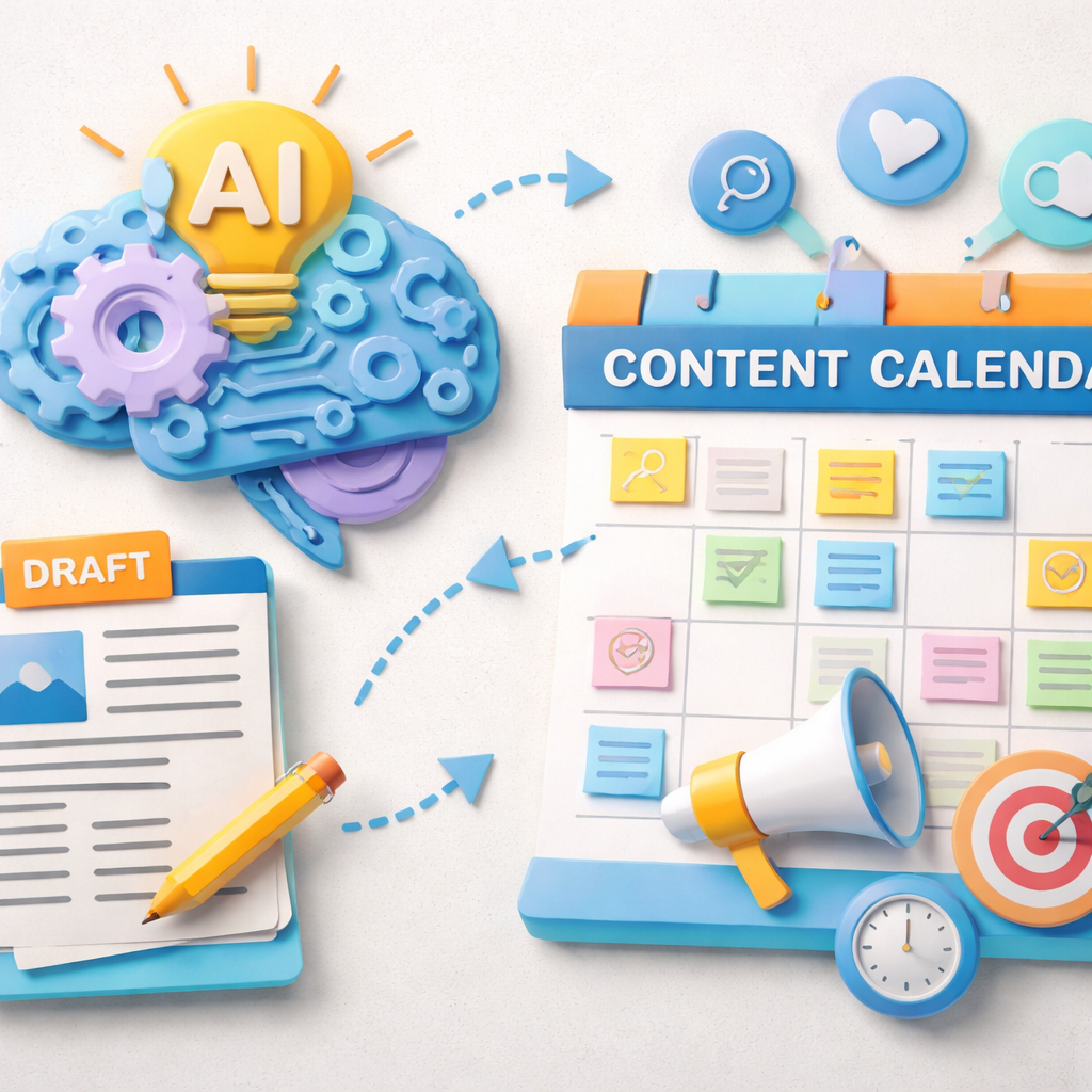 A papercraft style diagram showing an AI brain feeding a draft article into a content calendar, alt: seo autopilot softw