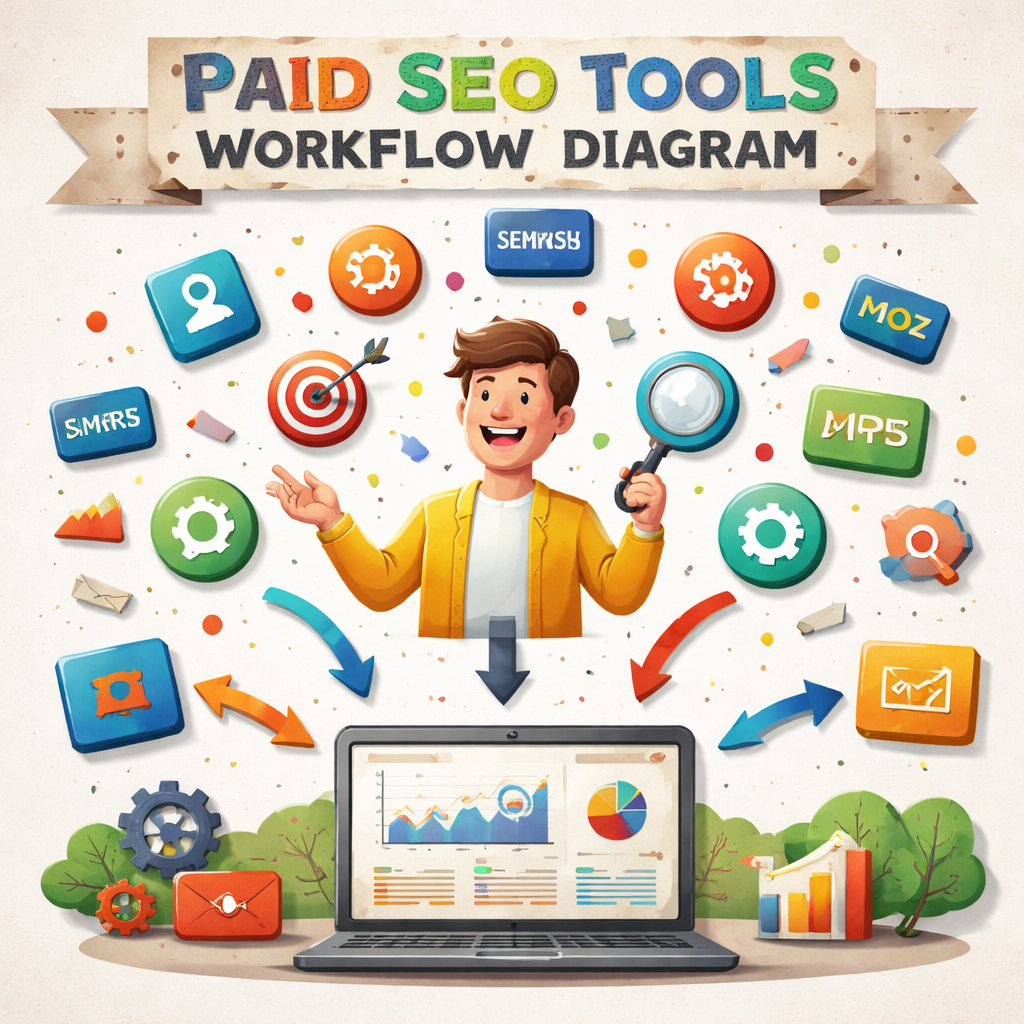 A papercraft style illustration of a marketer juggling many SEO tool icons, with arrows pointing to a central dashboard,