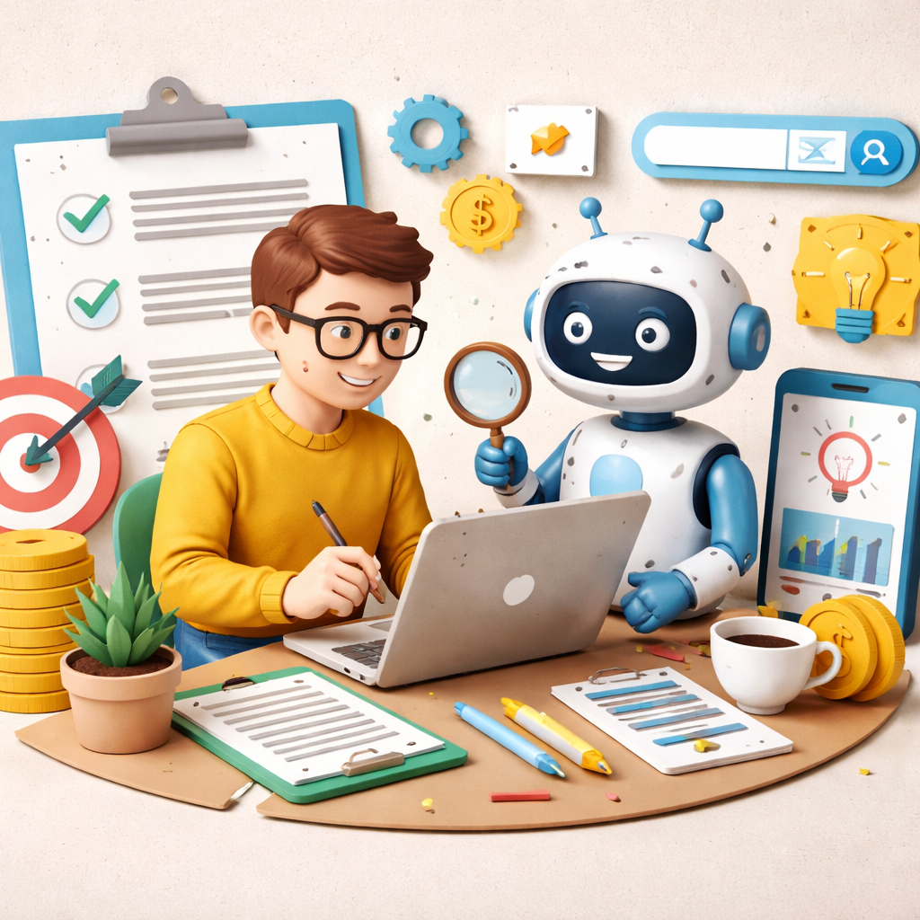 A papercraft style scene showing a writer and a robot working together on a laptop, alt: 