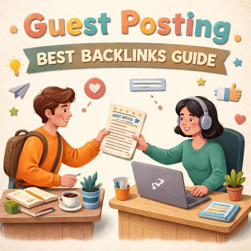 A papercraft style illustration of a writer handing a guest article to a website editor, alt: guest posting best backlin