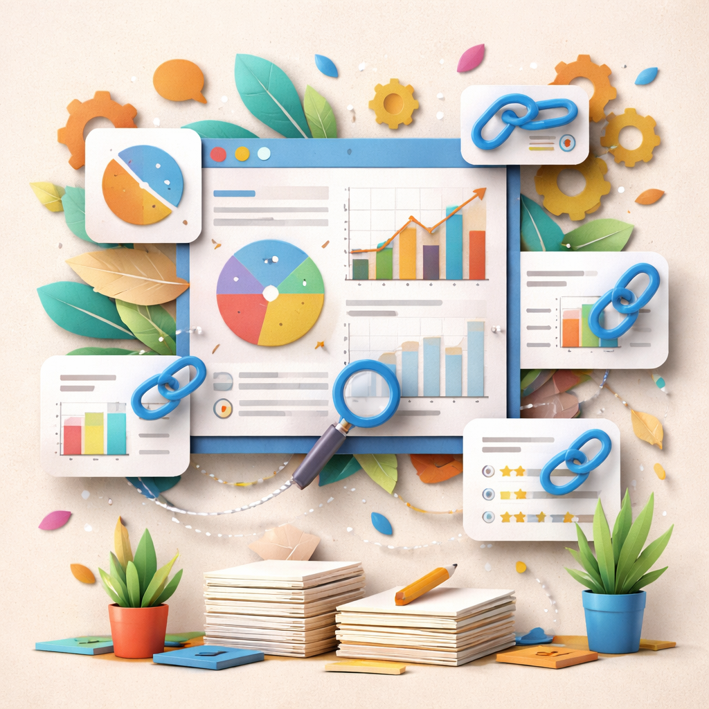 A papercraft style scene of a data dashboard with charts turning into link icons, alt: data‑driven linkable assets for b