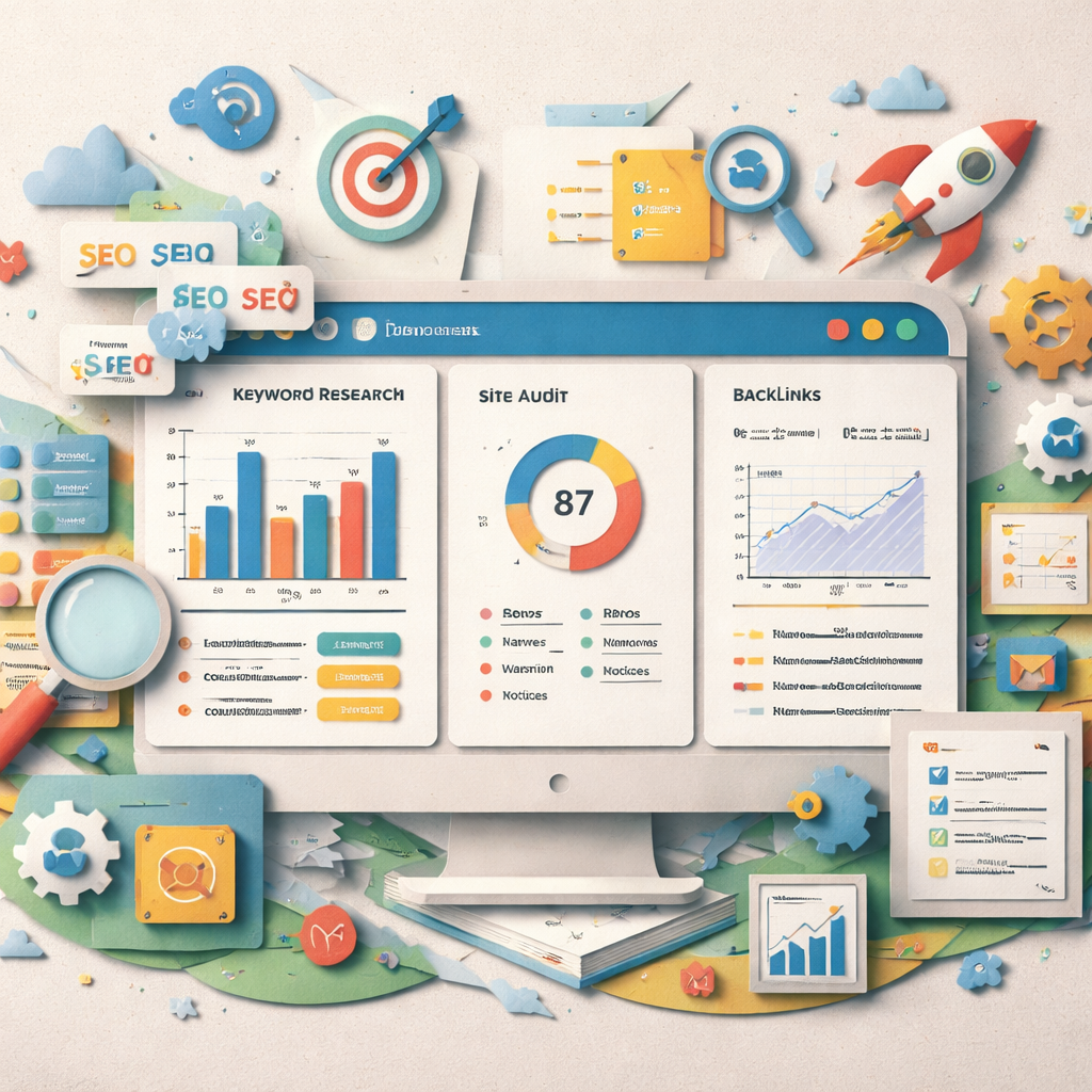 A papercraft style illustration of a dashboard with charts, keyword clouds, and backlink graphs, alt: "SEMrush feature o