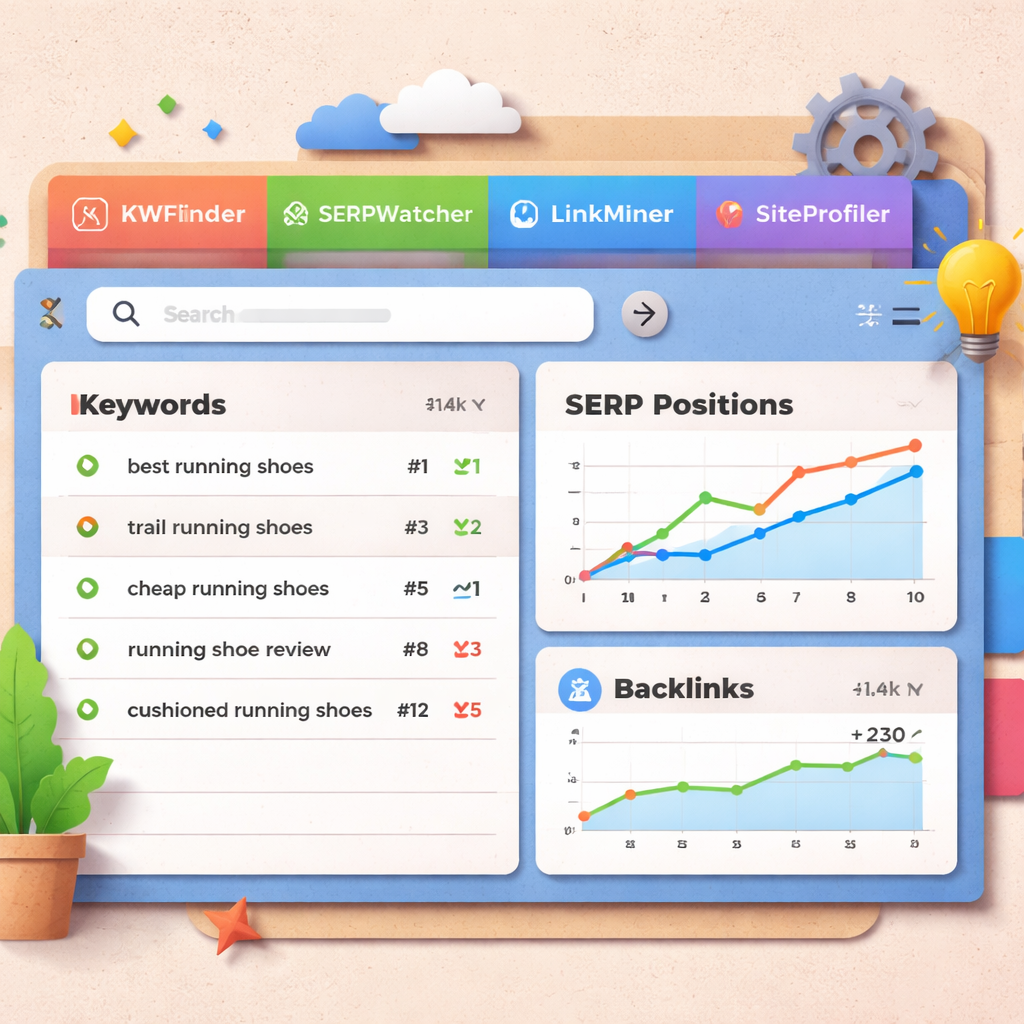A papercraft style illustration of a simple dashboard with keyword lists, SERP positions, and a tiny backlink graph, alt