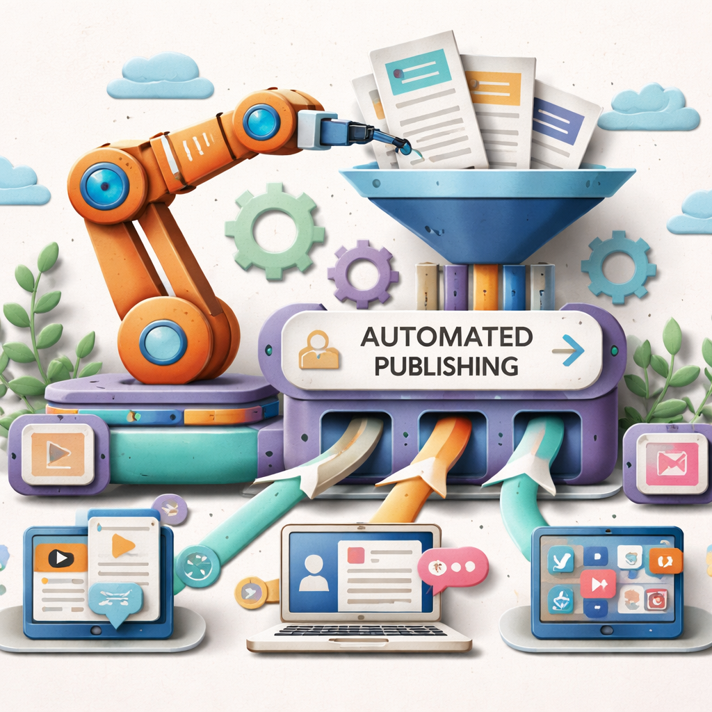 A Papercraft style illustration of a robot arm feeding articles into a publishing pipeline, alt="AI content pipeline wit