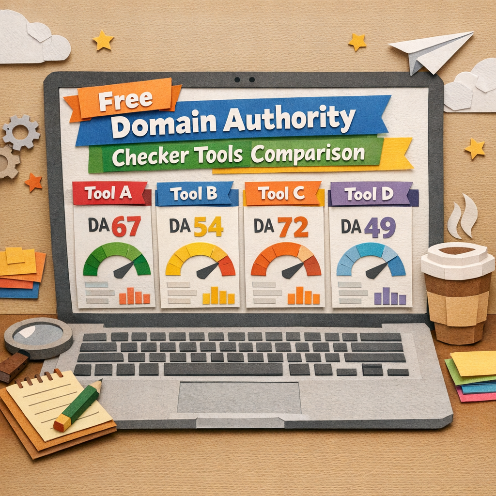 A papercraft style illustration of a laptop screen displaying multiple domain authority scores side by side, alt: "free 