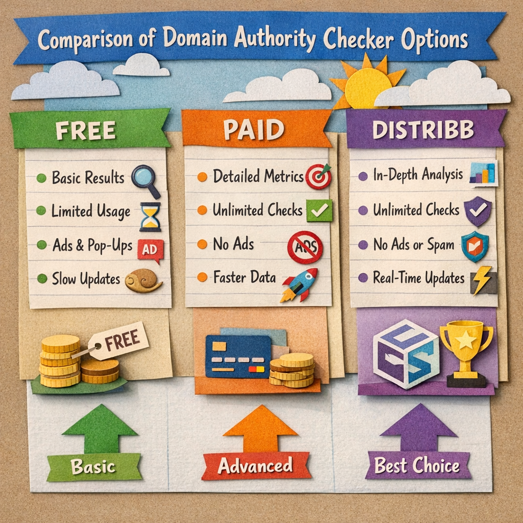 A papercraft style infographic showing a side‑by‑side comparison of free, paid, and Distribb domain authority checkers, 