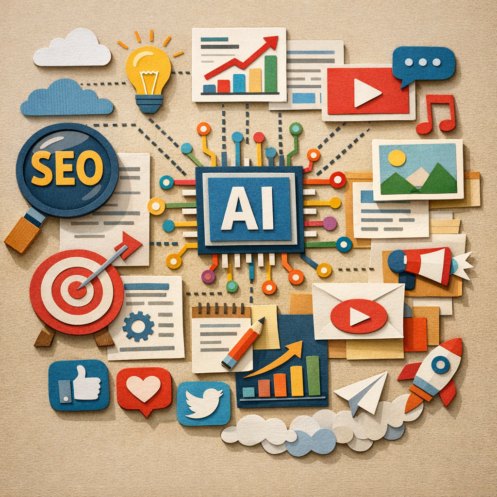 A papercraft style illustration of a digital workflow with AI icons, content blocks, and social media symbols, alt="AI-d