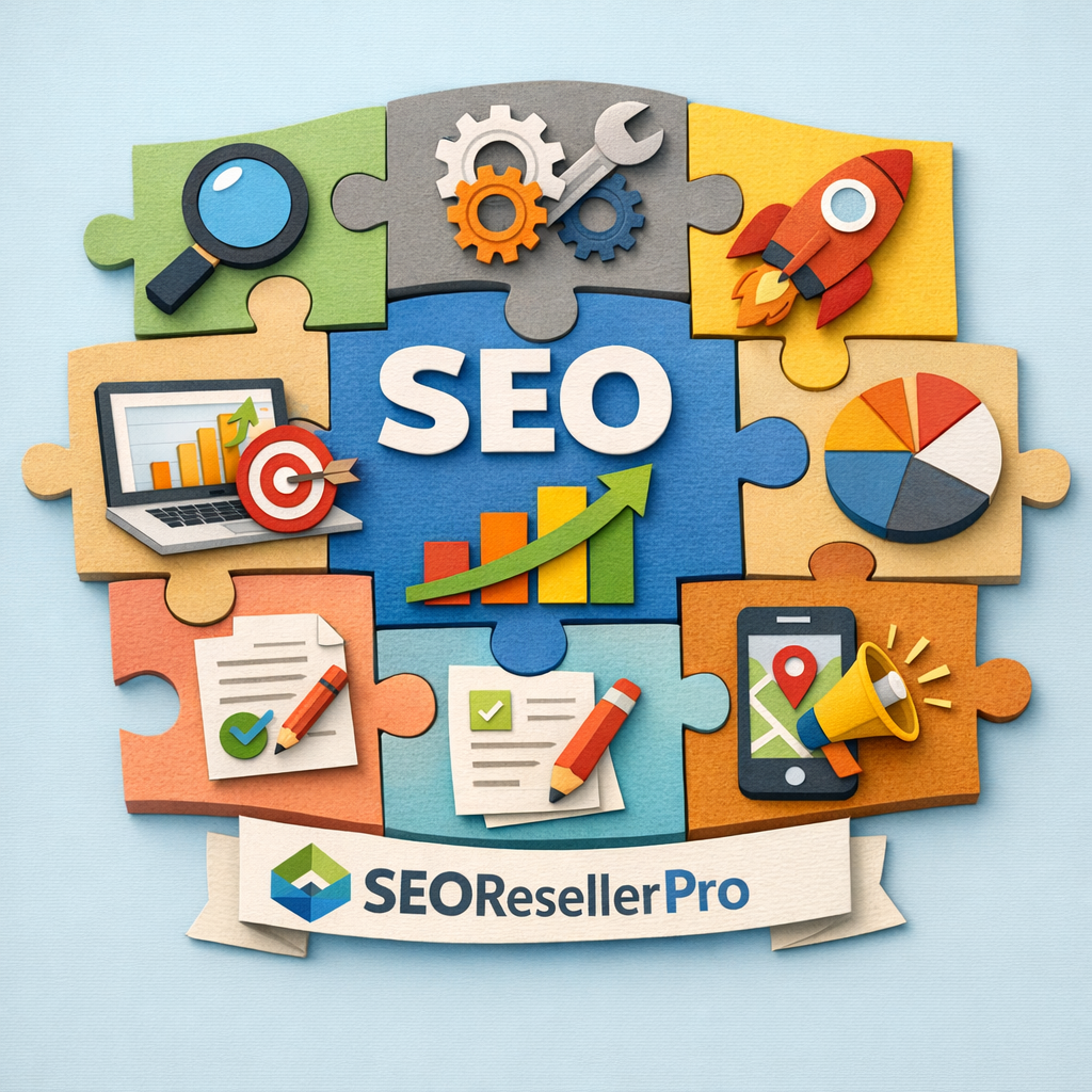A papercraft style illustration of a flexible puzzle with SEO icons fitting together, alt=