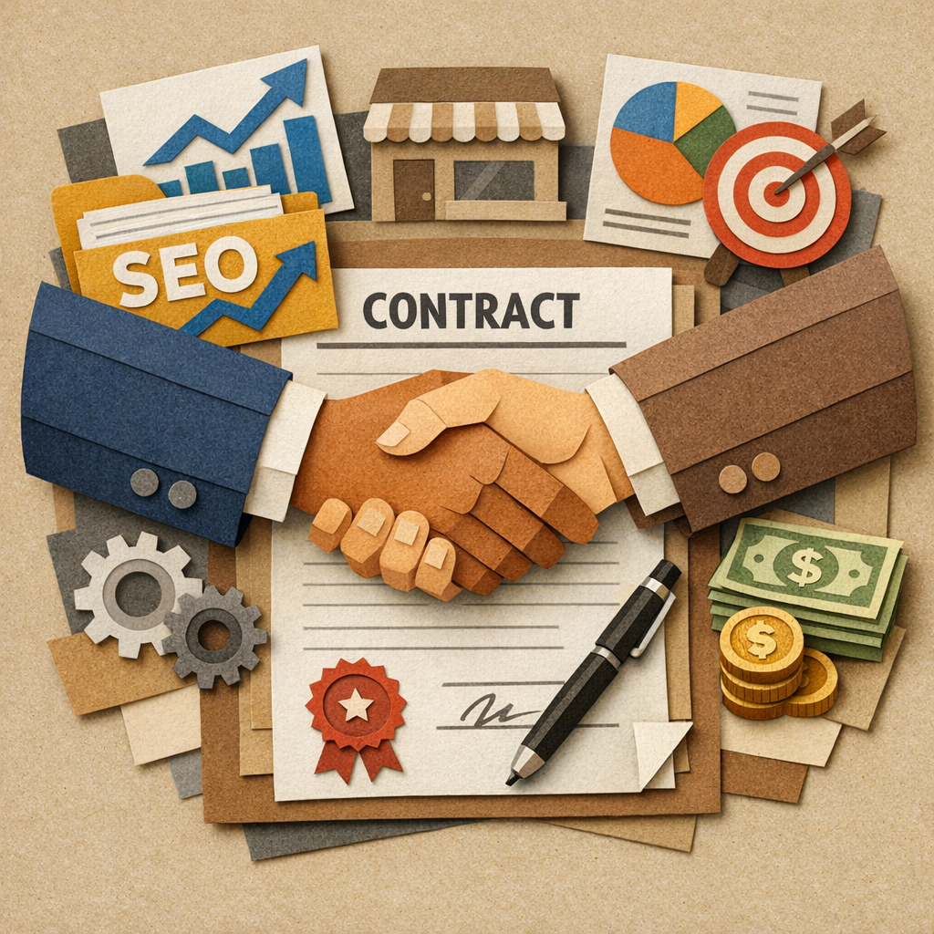 A papercraft style illustration of two hands shaking over a contract, alt: seo reseller partnership agreement illustrati