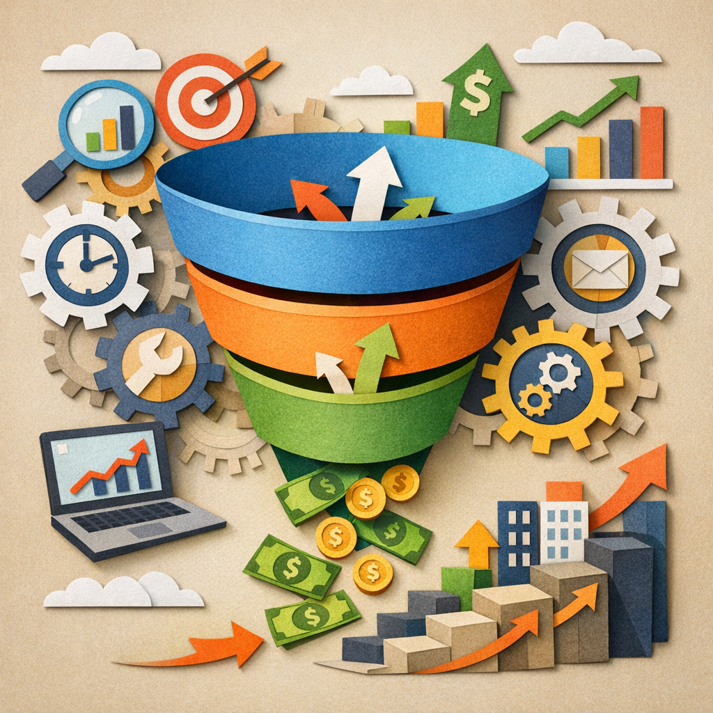 A papercraft style diagram of a growing funnel with gears representing automation, alt: seo reseller scaling automation 