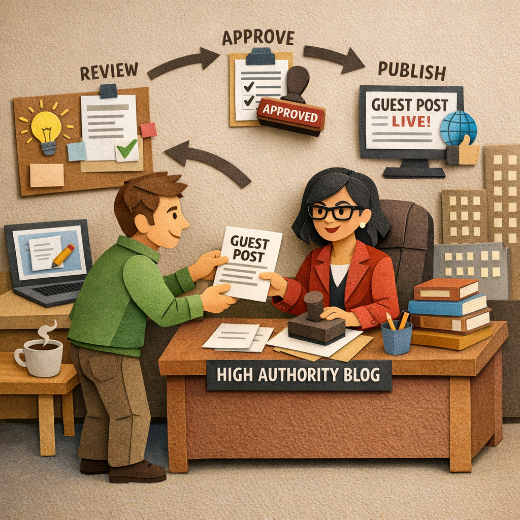 A papercraft style illustration of a writer handing a guest post to a high‑authority blog editor, alt: high-authority gu