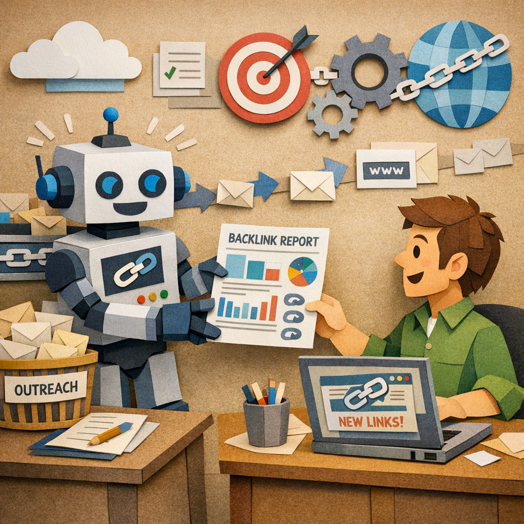 A papercraft style scene of a robot handing a backlink report to a marketer, alt: automated link acquisition workflow