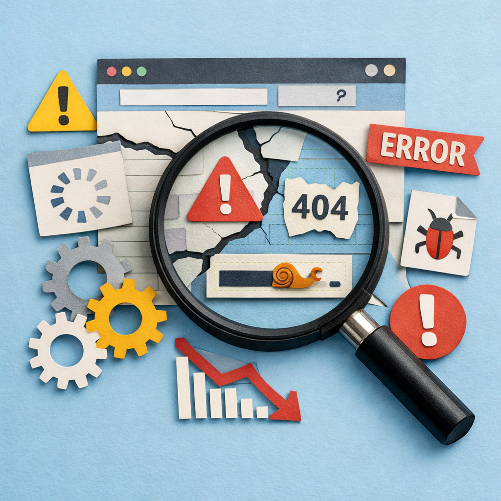 Technical SEO audit showing site issues with magnifying glass.
