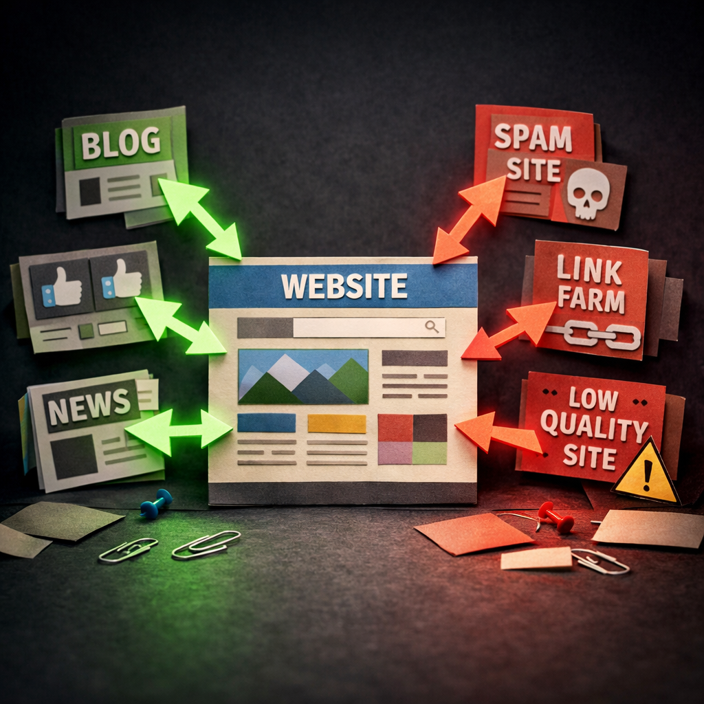 Off-page SEO audit showing backlinks to a website with quality indicators.