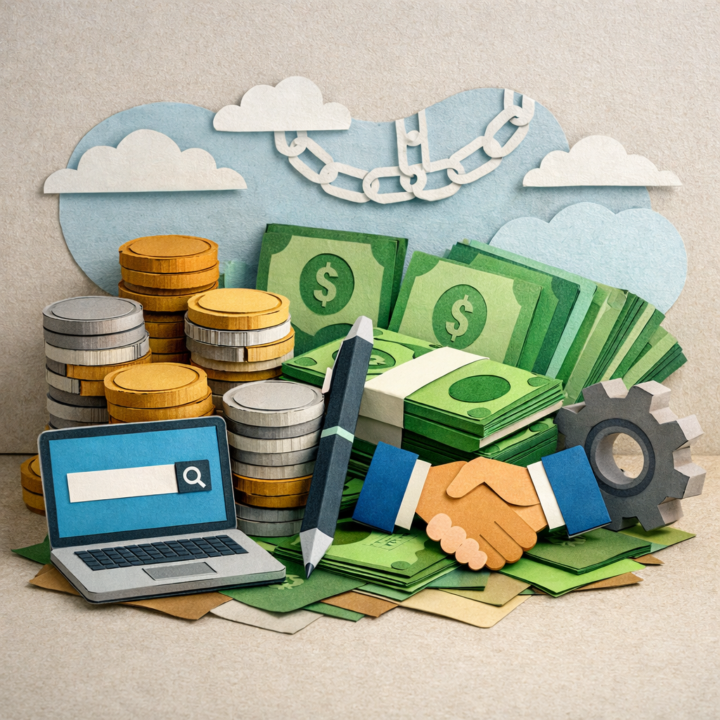 Illustrative papercraft scene of SEO costs including tools, content, people, and link building.