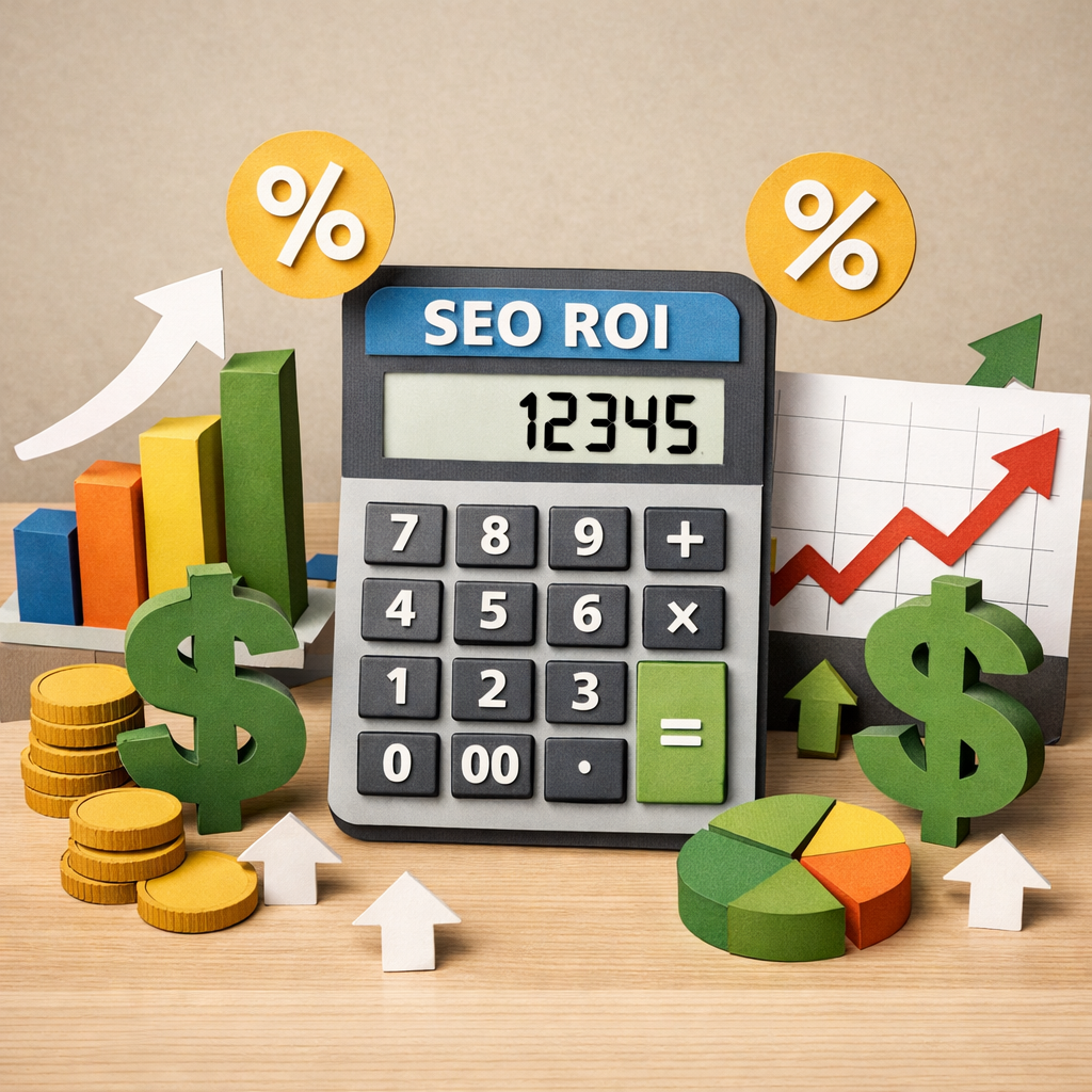 Papercraft scene of an SEO ROI calculator with rising chart and dollar signs.