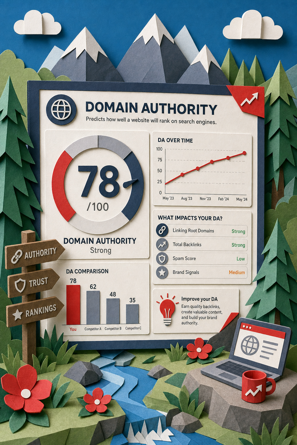 A papercraft style illustration showing Domain Authority metric dashboard, alt: Domain Authority metric overview
