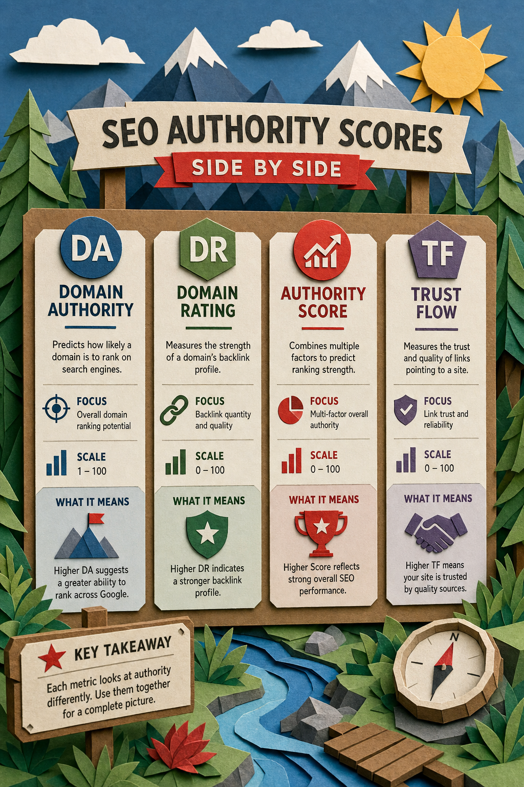 A papercraft style comparison chart of Domain Authority, Domain Rating, Authority Score, Trust Flow, alt: Authority scor